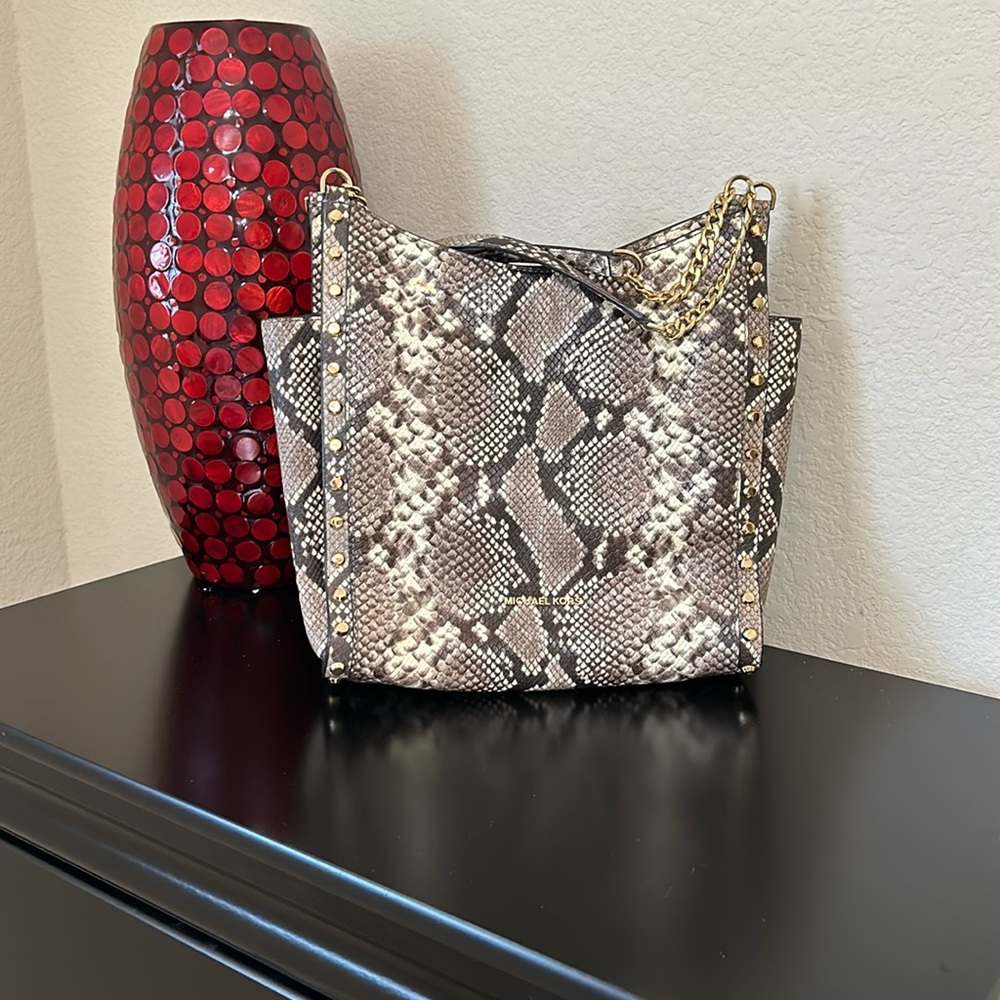 Michael Kors Neutral Snake-Print Shoulder Bag with Gold Chain